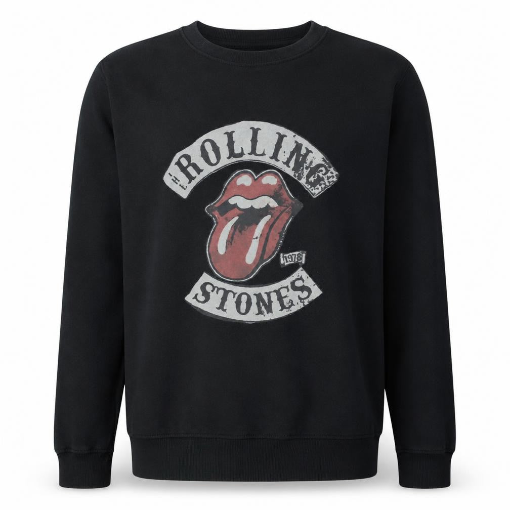 Front view of The Rolling Stones Men's Black Graphic Pullover Sweatshirt, size S