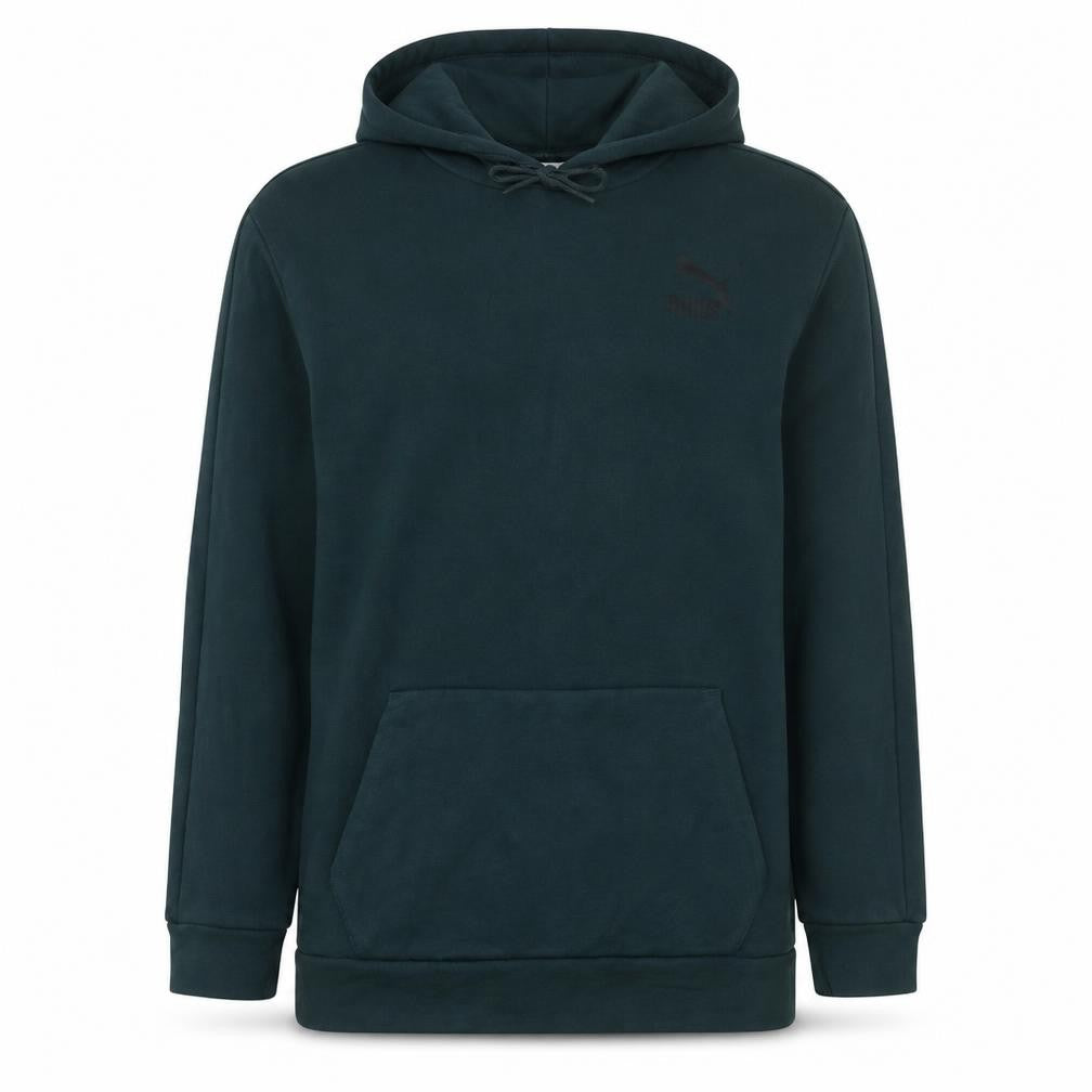 Front view of Puma Men’s Green Pullover Hoodie, size L, Fleece Regular Fit
