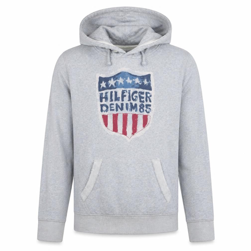 Front view of Tommy Hilfiger Denim Men's Grey Medium Pullover Hoodie with USA Graphic