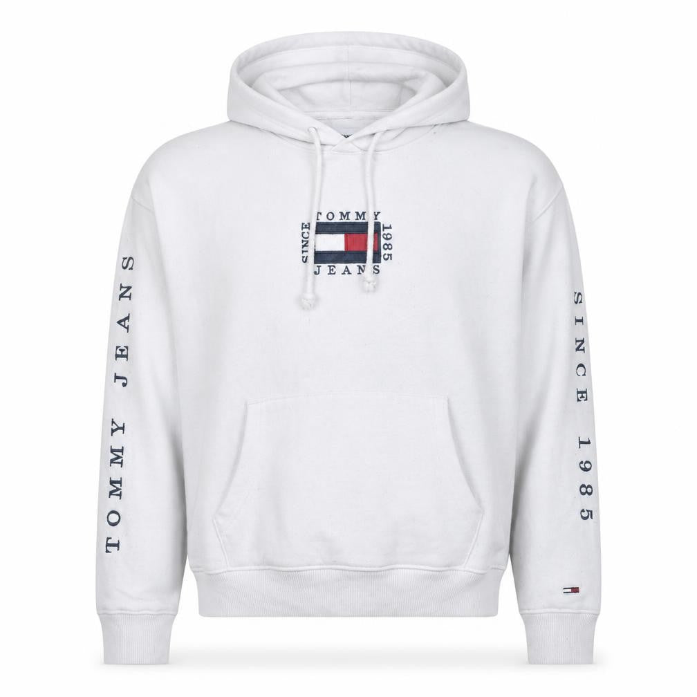 Tommy Jeans Men's White Hoodie M Pullover Graphic Logo Fleece