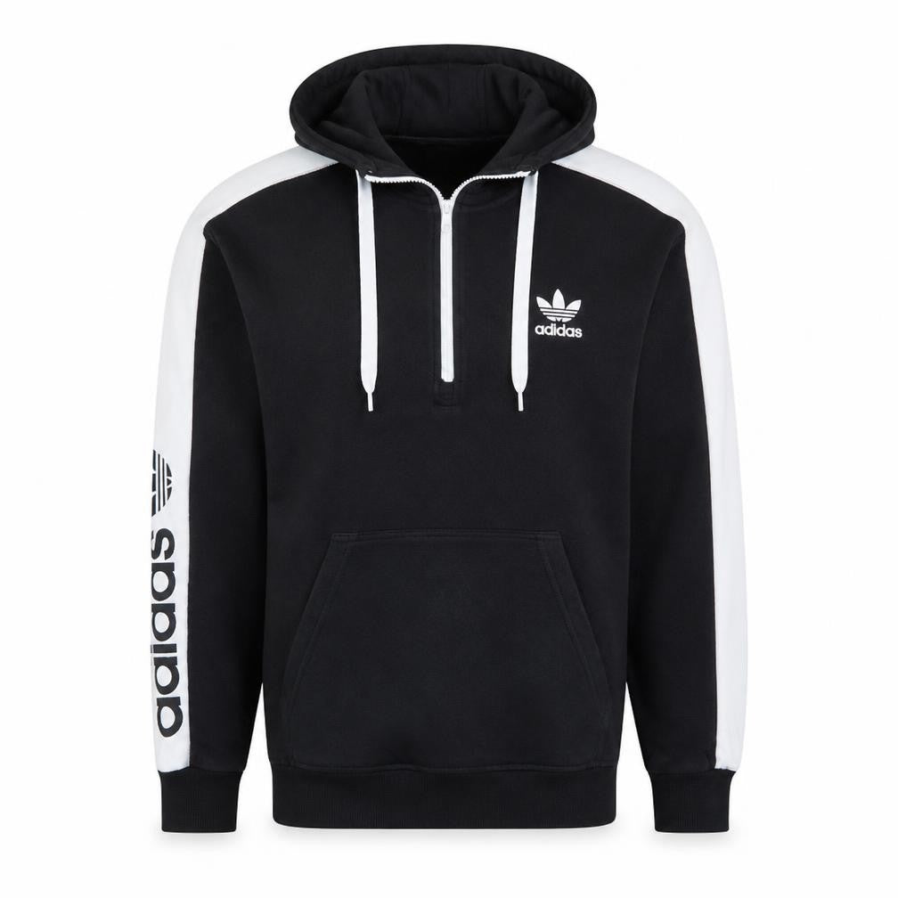 Front view of Adidas women’s black & white hooded pullover sweatshirt, size UK 8