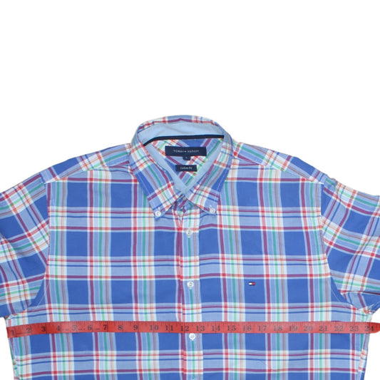 Tommy Hilfiger Men's Blue Plaid Cotton Short Sleeve Shirt L Slim Fit