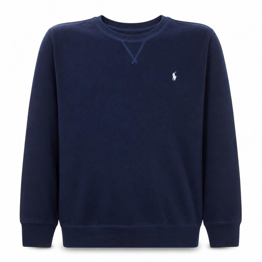 Front view of Ralph Lauren boys’ blue cotton crew neck pullover sweatshirt 14-16 years