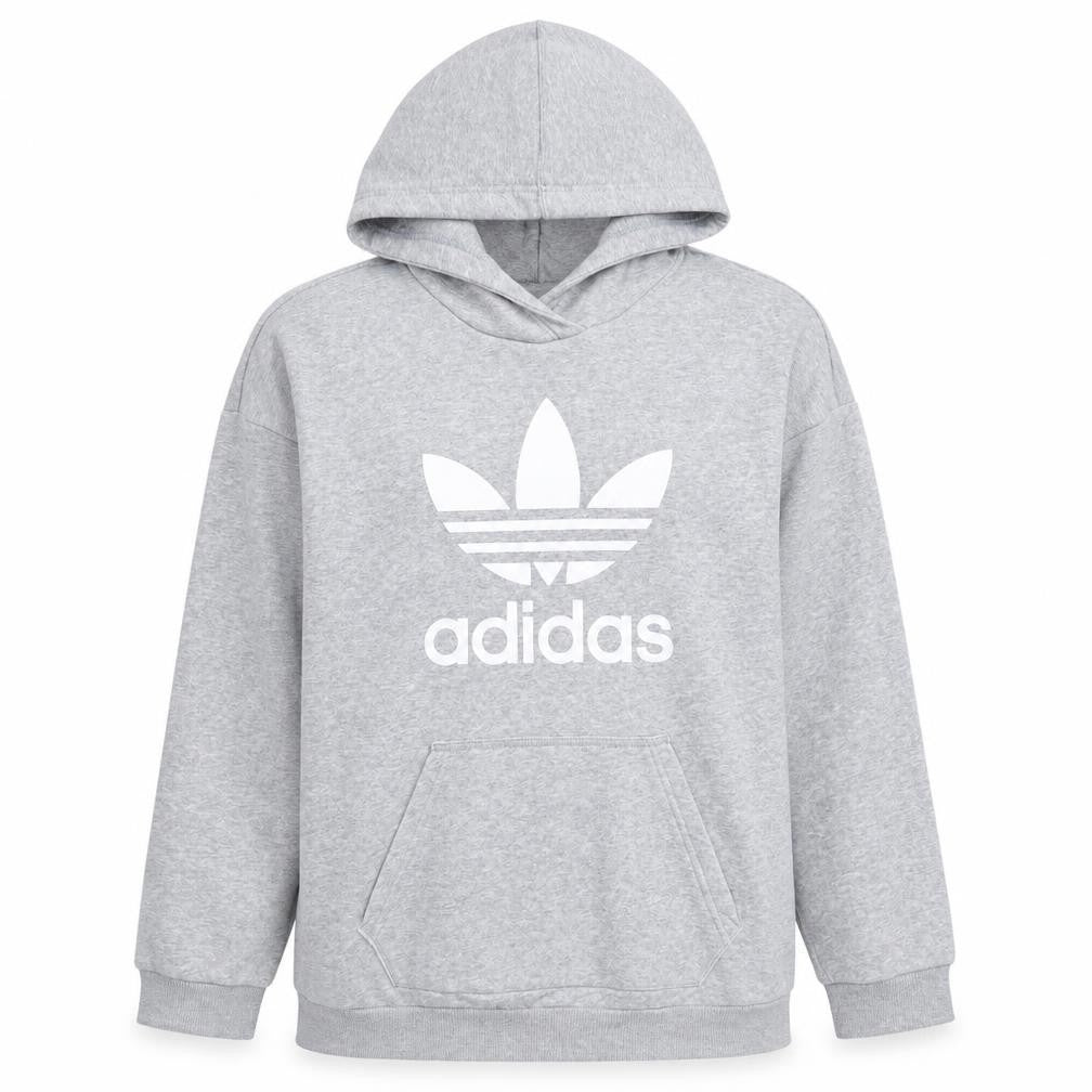 Front view of Adidas women’s grey hoodie pullover sweatshirt, size UK 14, uk