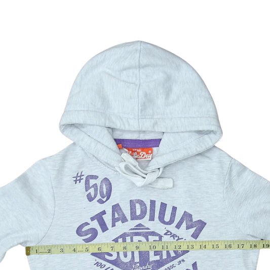 Superdry Womens Grey XS Pullover Hoodie with Purple Logo Print