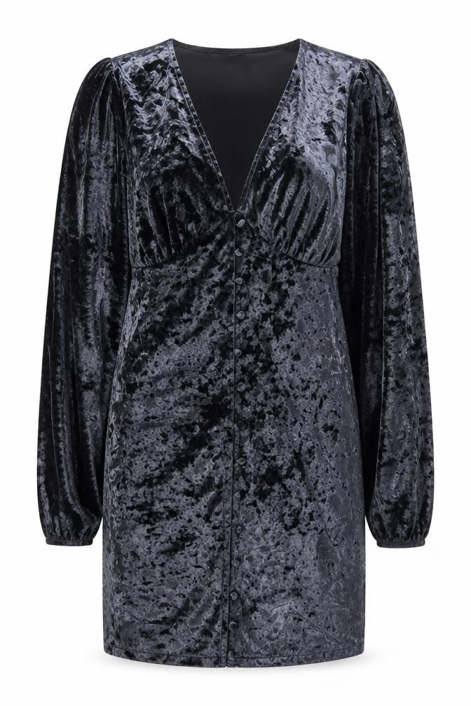 Front view of ASOS Women’s Grey Velvet Bodycon Dress, size UK 12, Long Sleeve Party