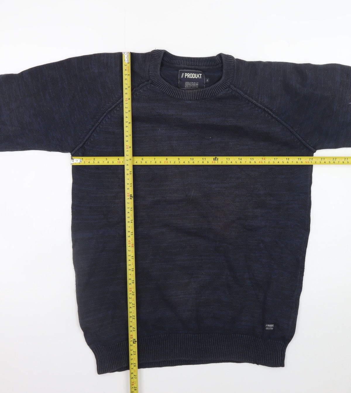 Close-up detail of PRODUKT Men's Blue XL Crew Neck jumper