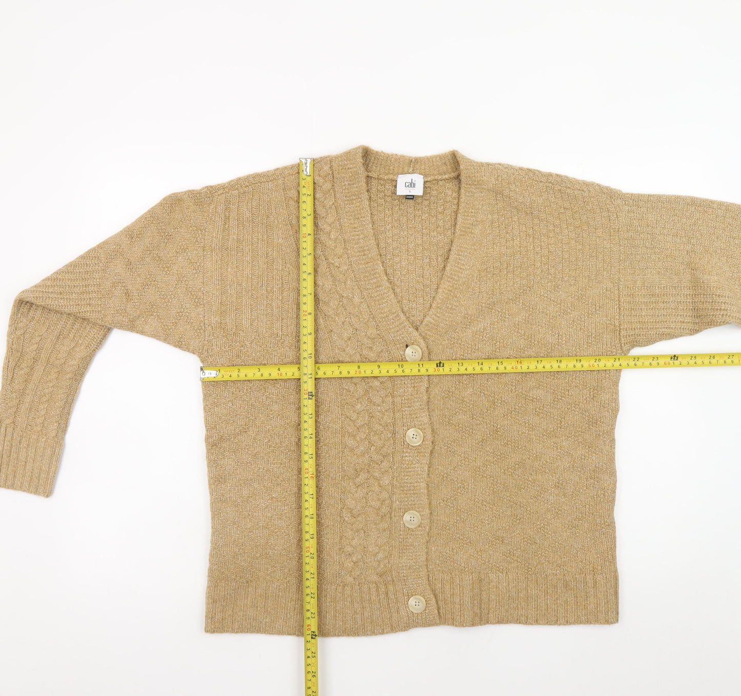 Cabi Women Beige Cable Knit Cardigan Small V-Neck Button Down