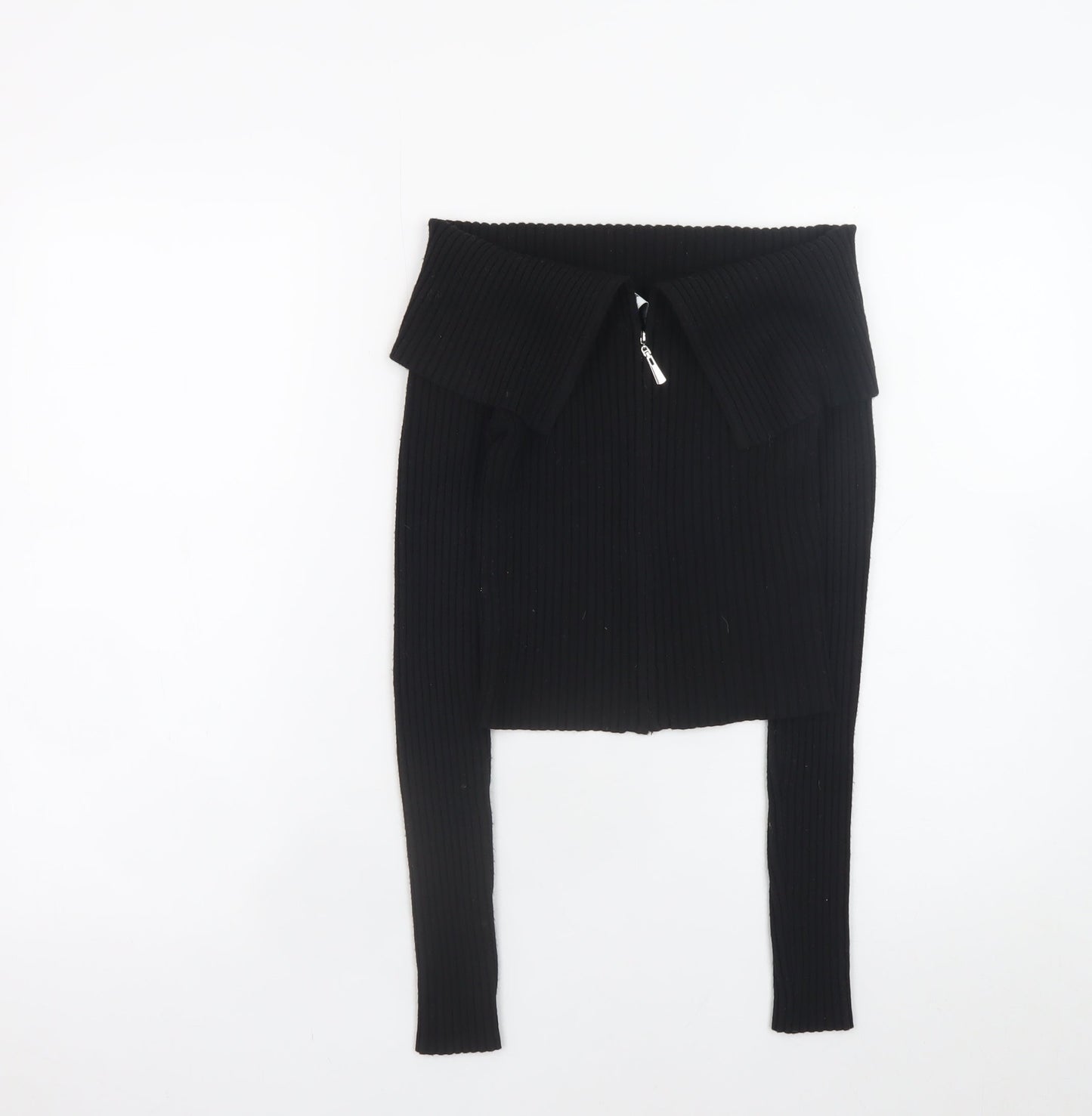 Bershka Women Black Collared Zip Front Knit Jumper Size 12