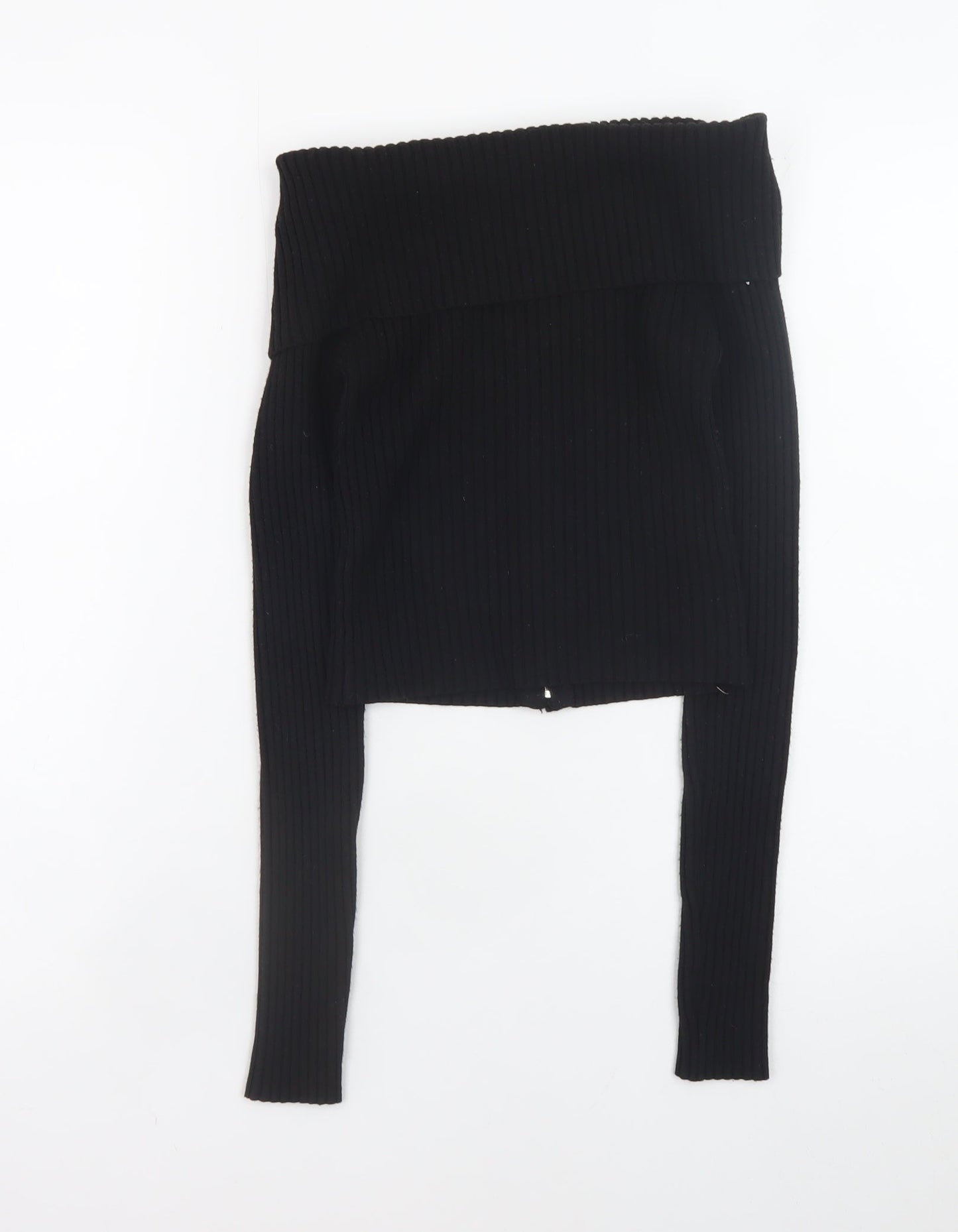 Bershka Women Black Collared Zip Front Knit Jumper Size 12