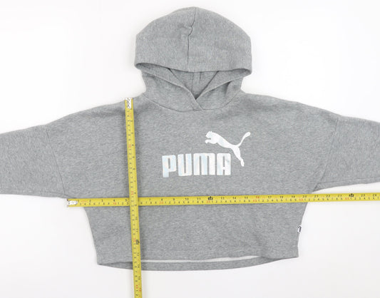 Puma Girls Grey Hooded Pullover Sweatshirt 7-8 Years Cropped Logo Style