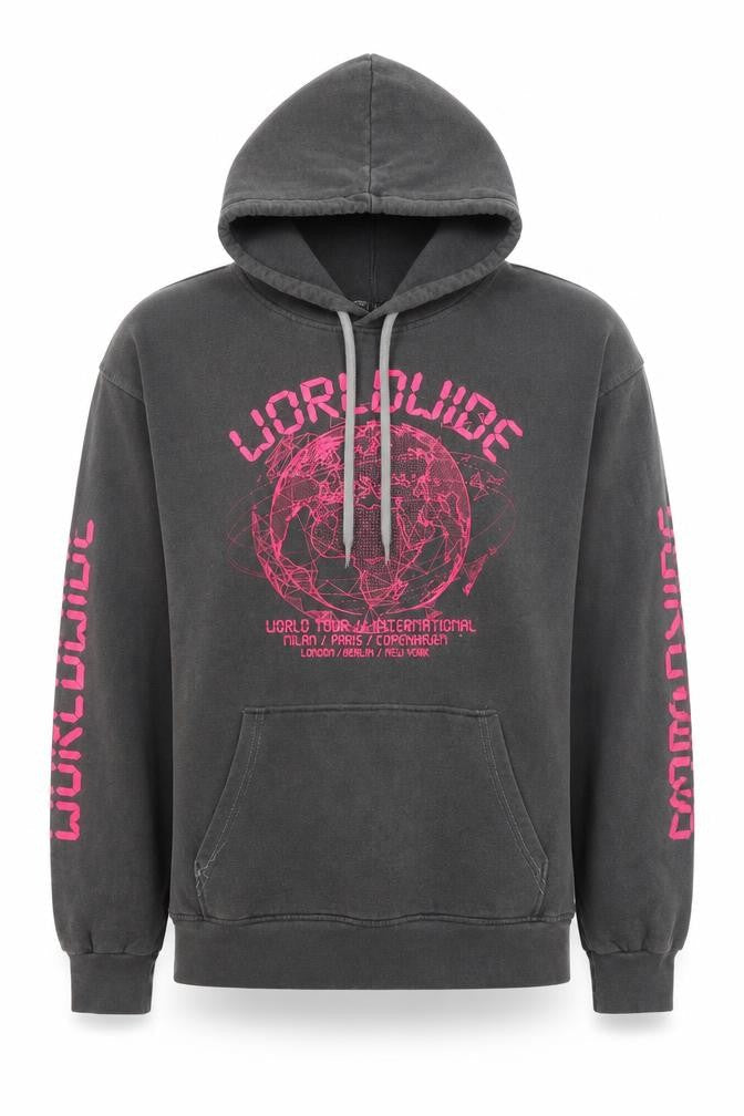 PRETTYLITTLETHING Women's Grey Hoodie Small Worldwide Graphic Pullover