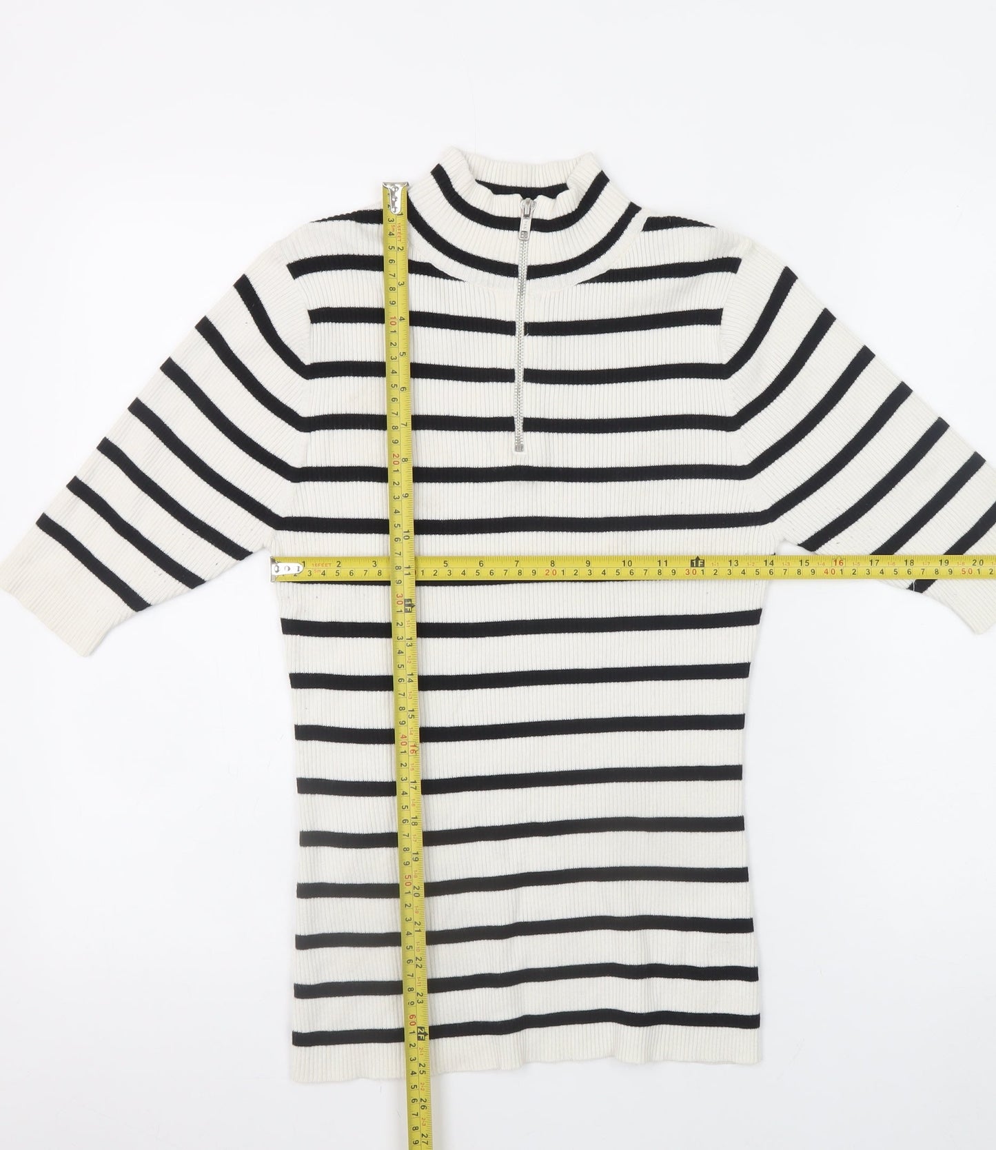 Very Women’s White Striped 1/2 Zip Mock Neck Ribbed Jumper Size 12
