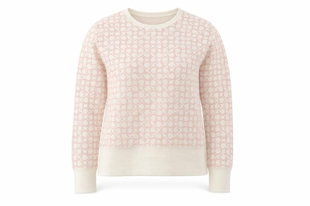 Front view of Guess Women Cream Pink Logo Knit Jumper XL Long Sleeve Crew Neck