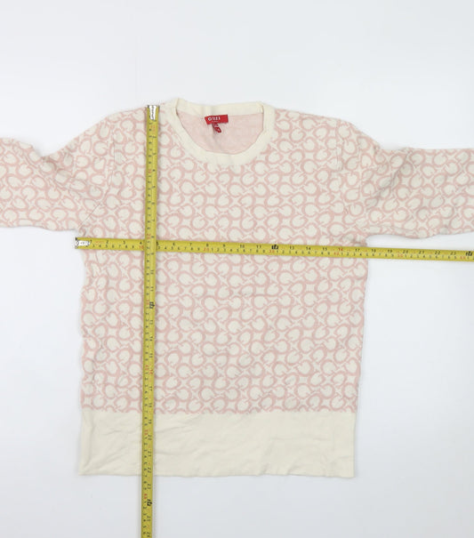Guess Women Cream Pink Logo Knit Jumper XL Long Sleeve Crew Neck