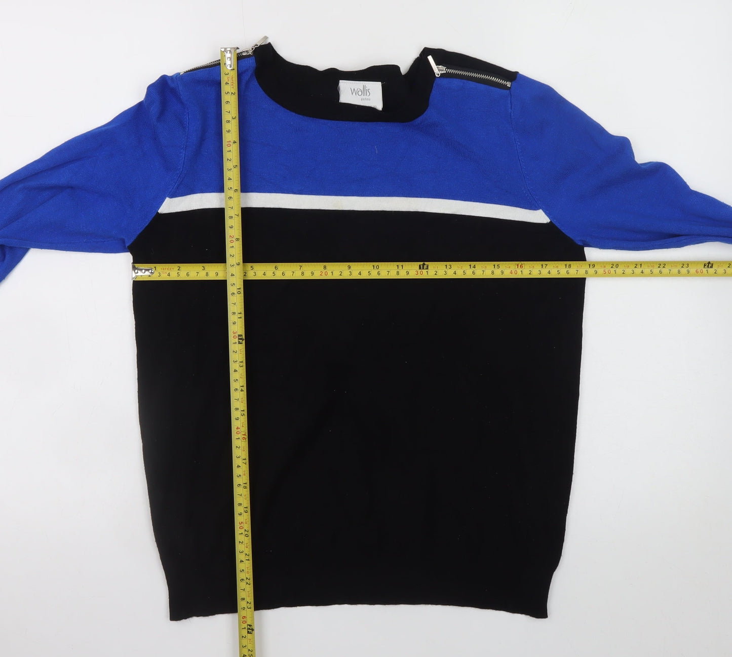 Wallis Women Blue Black Petite Size 14 Zip Shoulder Jumper