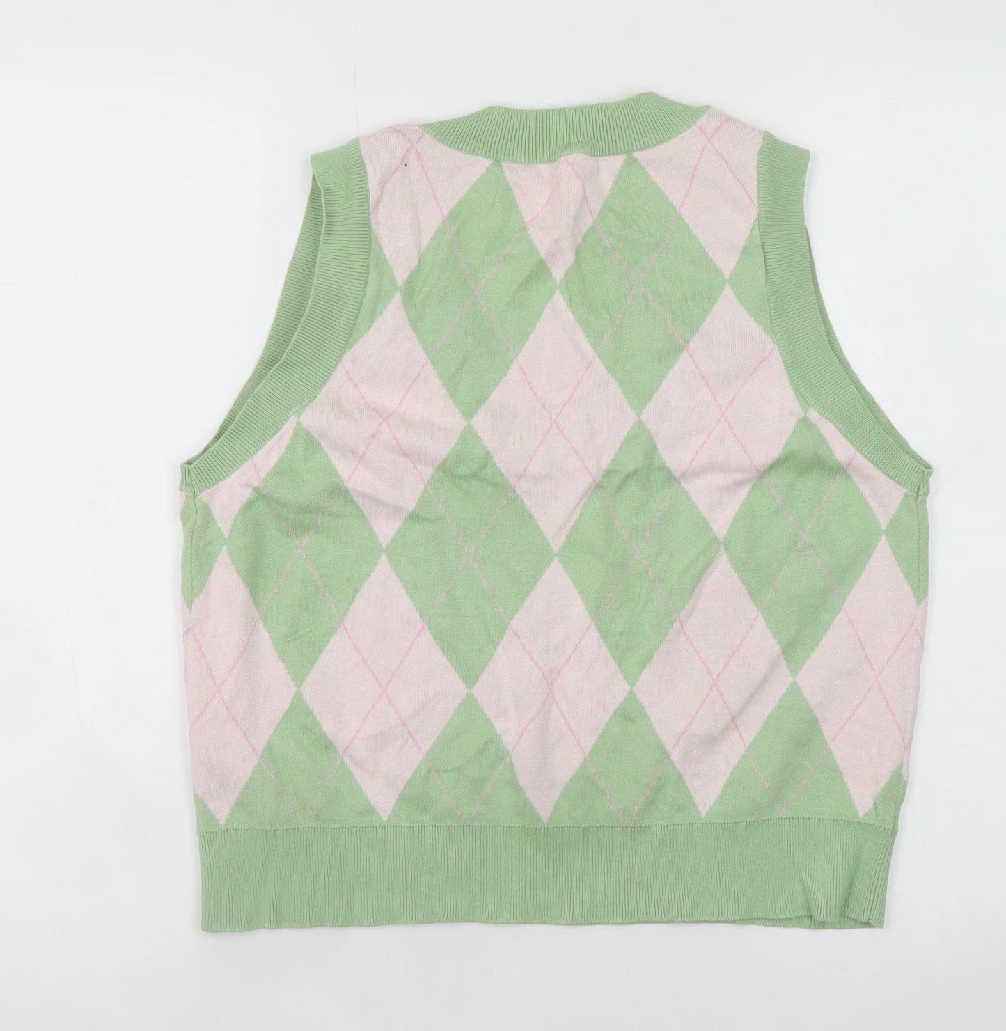 Stradivarius Women's Green Argyle Knit Sleeveless V-Neck Vest Size 8