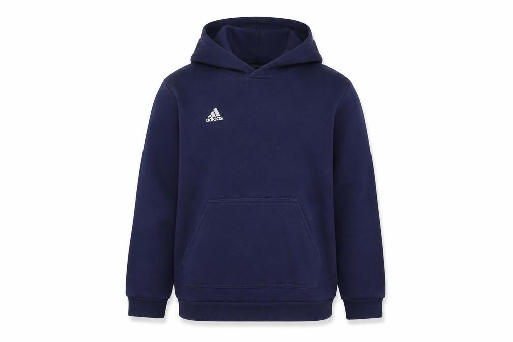 Front view of Adidas boys’ navy blue pullover hoodie, size 13-14, years cotton blend