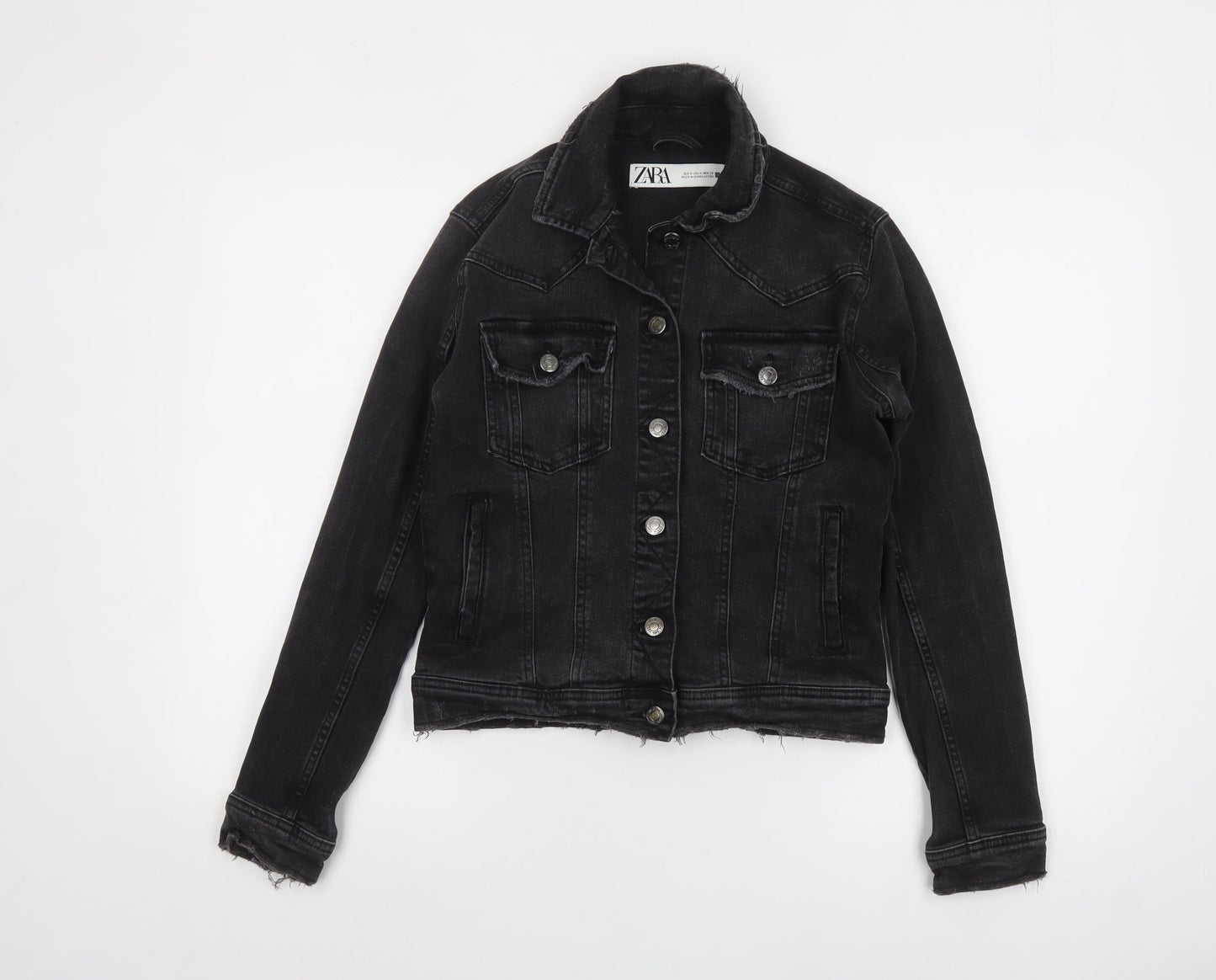ZARA Women Black Cotton Denim Jacket Size S Classic Style