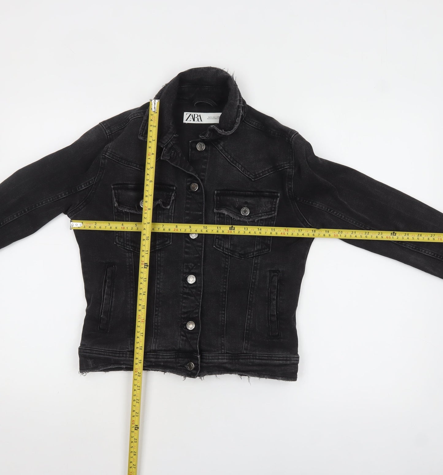 ZARA Women Black Cotton Denim Jacket Size S Classic Style