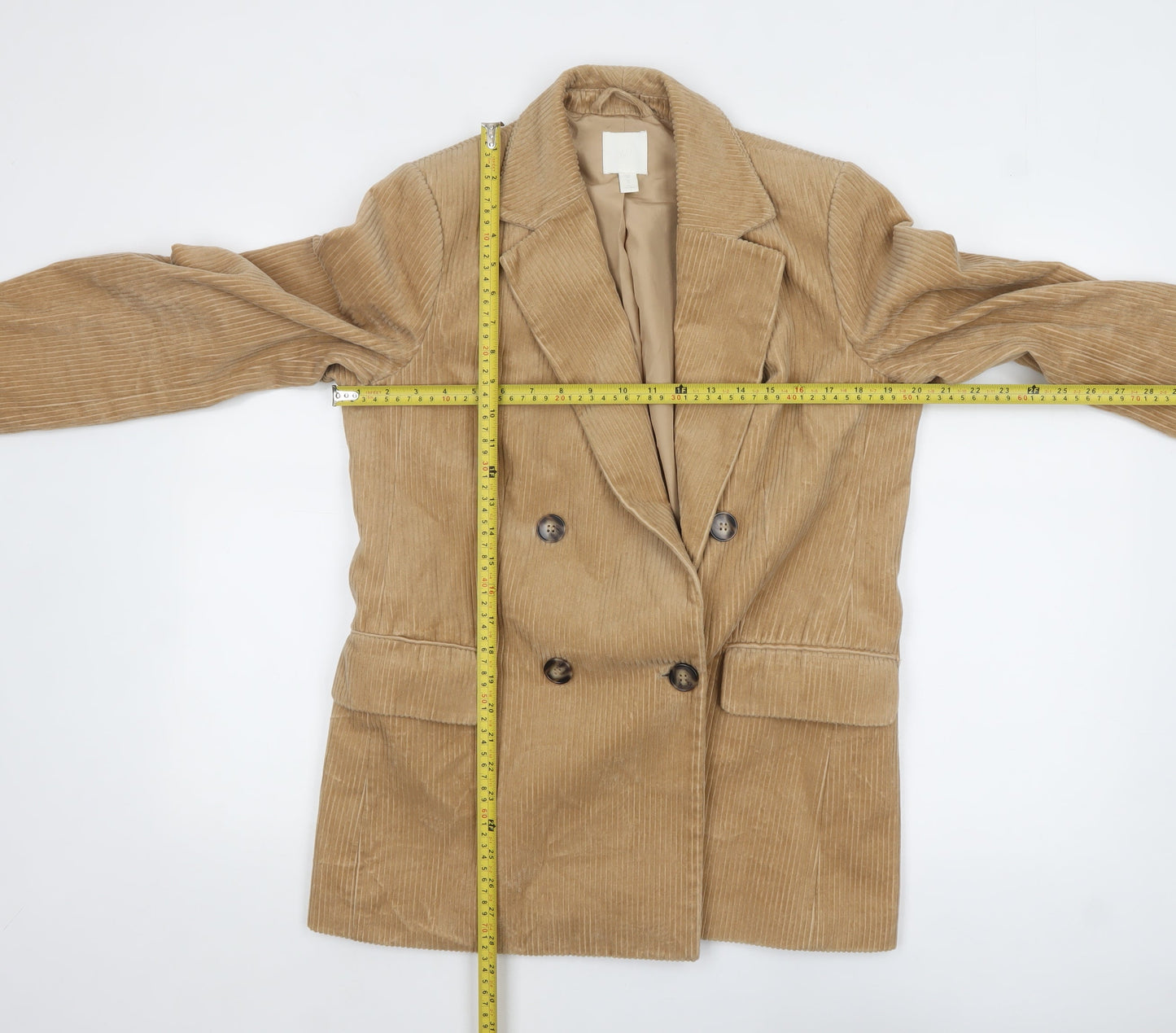 H&M Women Beige Corduroy Double-Breasted Blazer UK 12