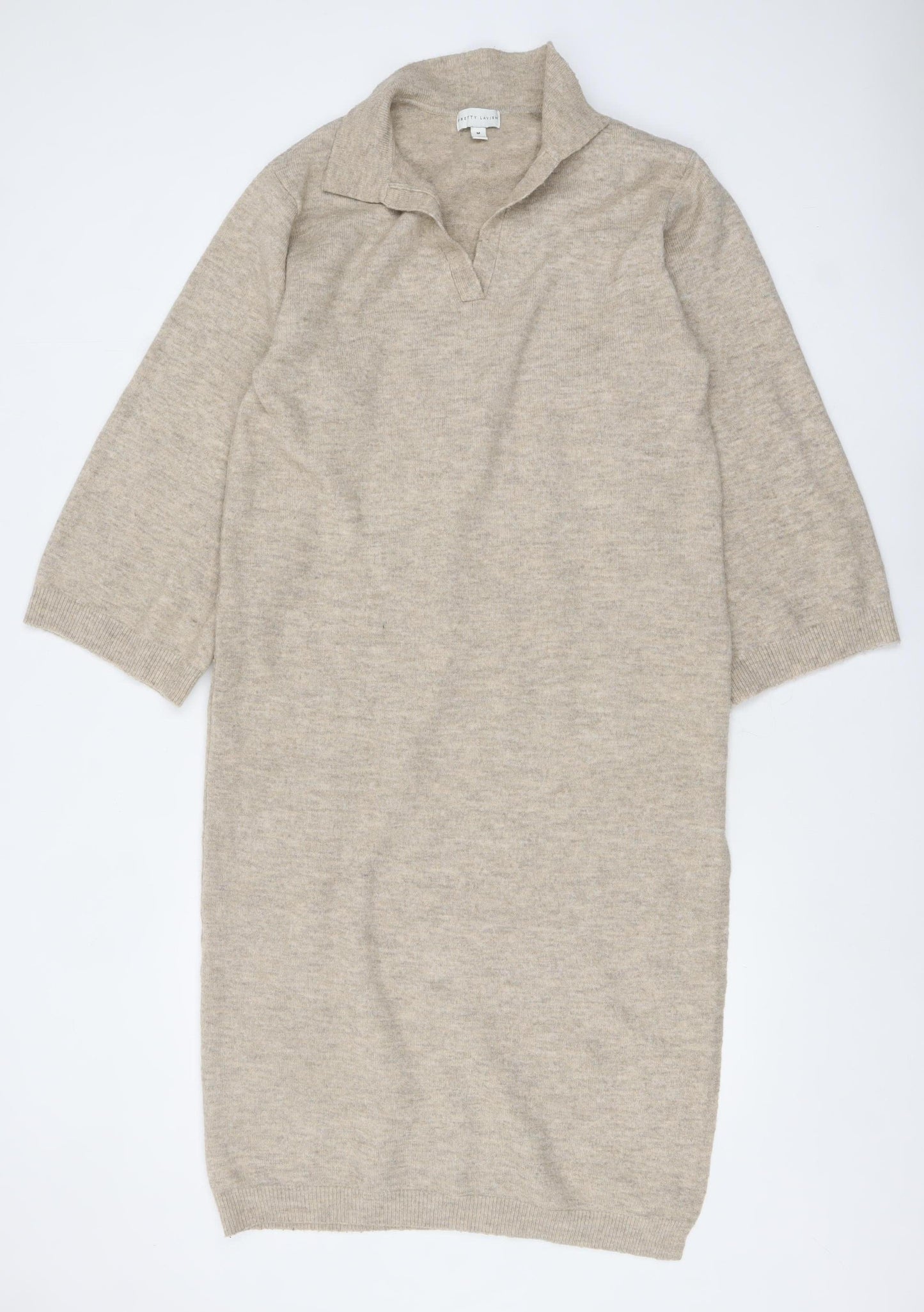 Pretty Lavish Women Beige Knit Collared Sweater Dress M