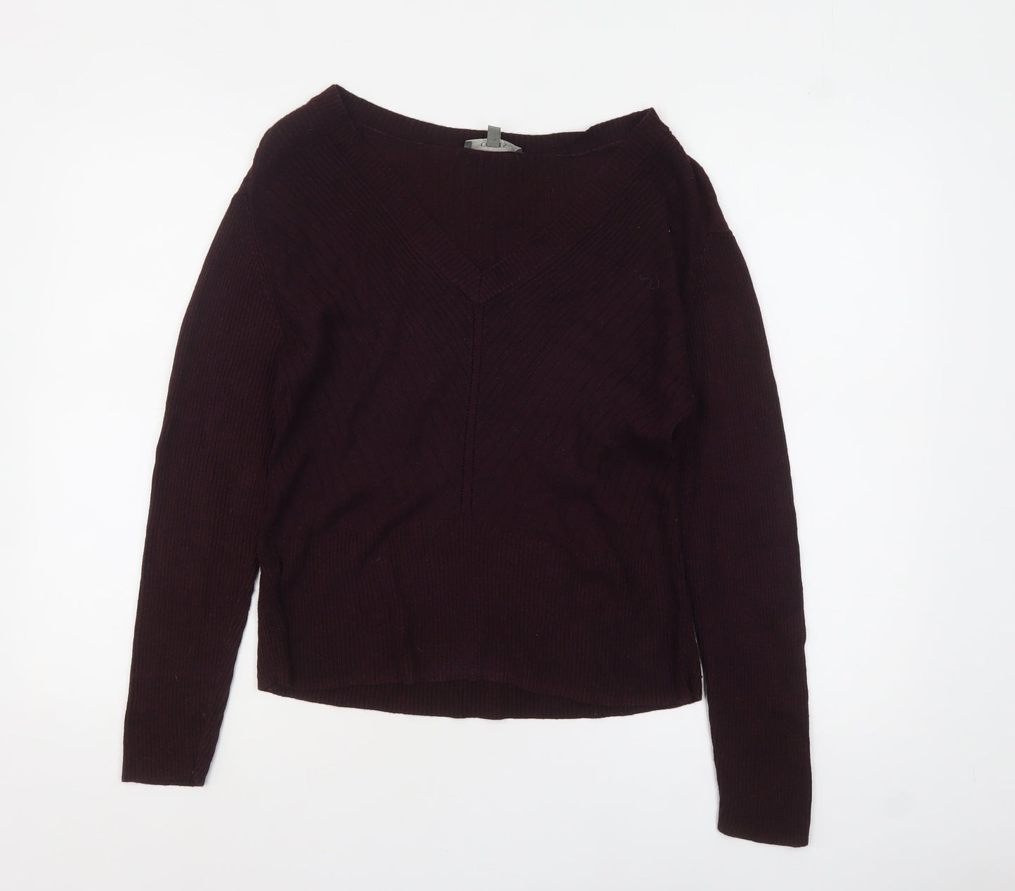 Oasis Womens Burgundy V-Neck Ribbed Knit Jumper Size L