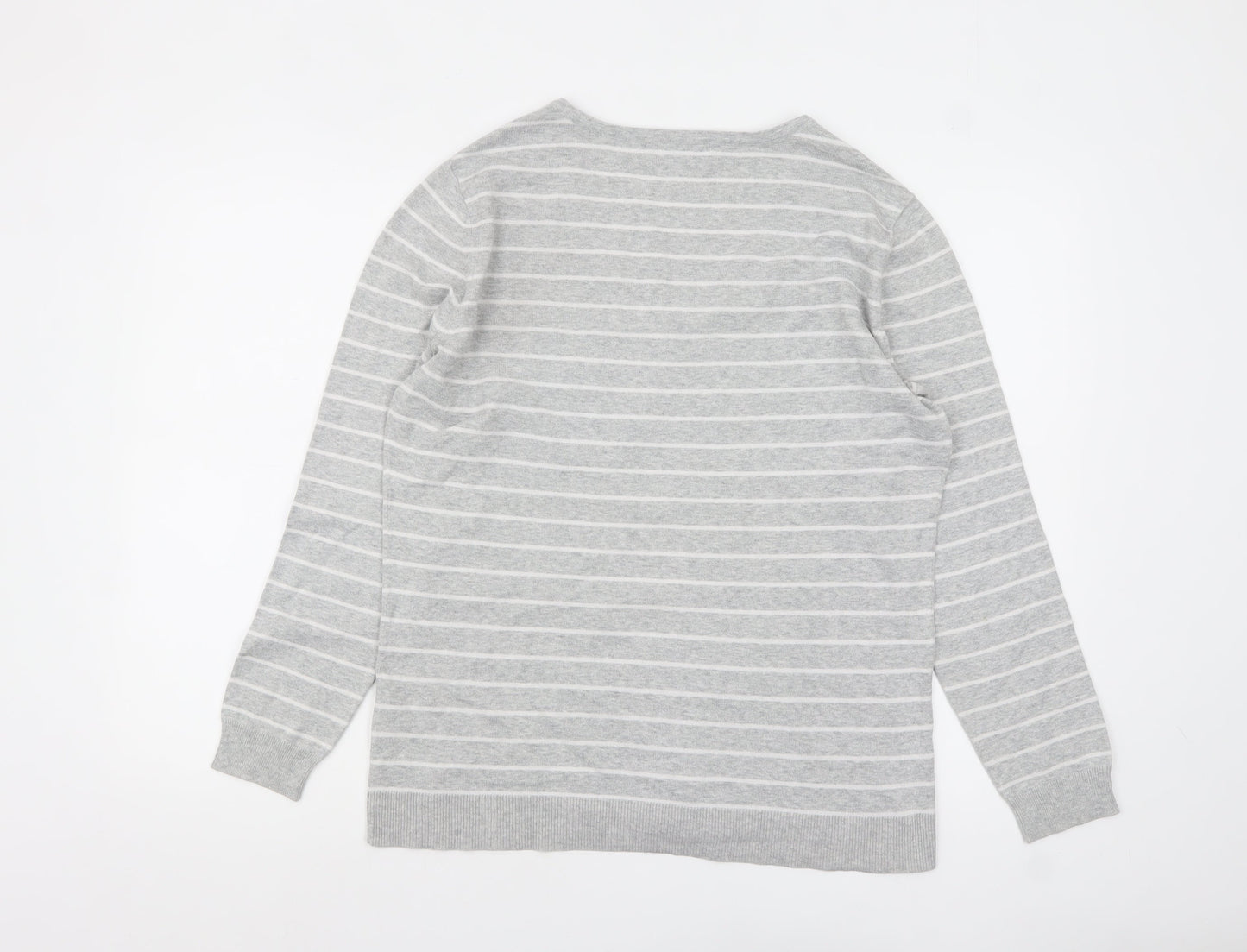 C&A Women Grey Striped V-Neck Cotton Knit Jumper L