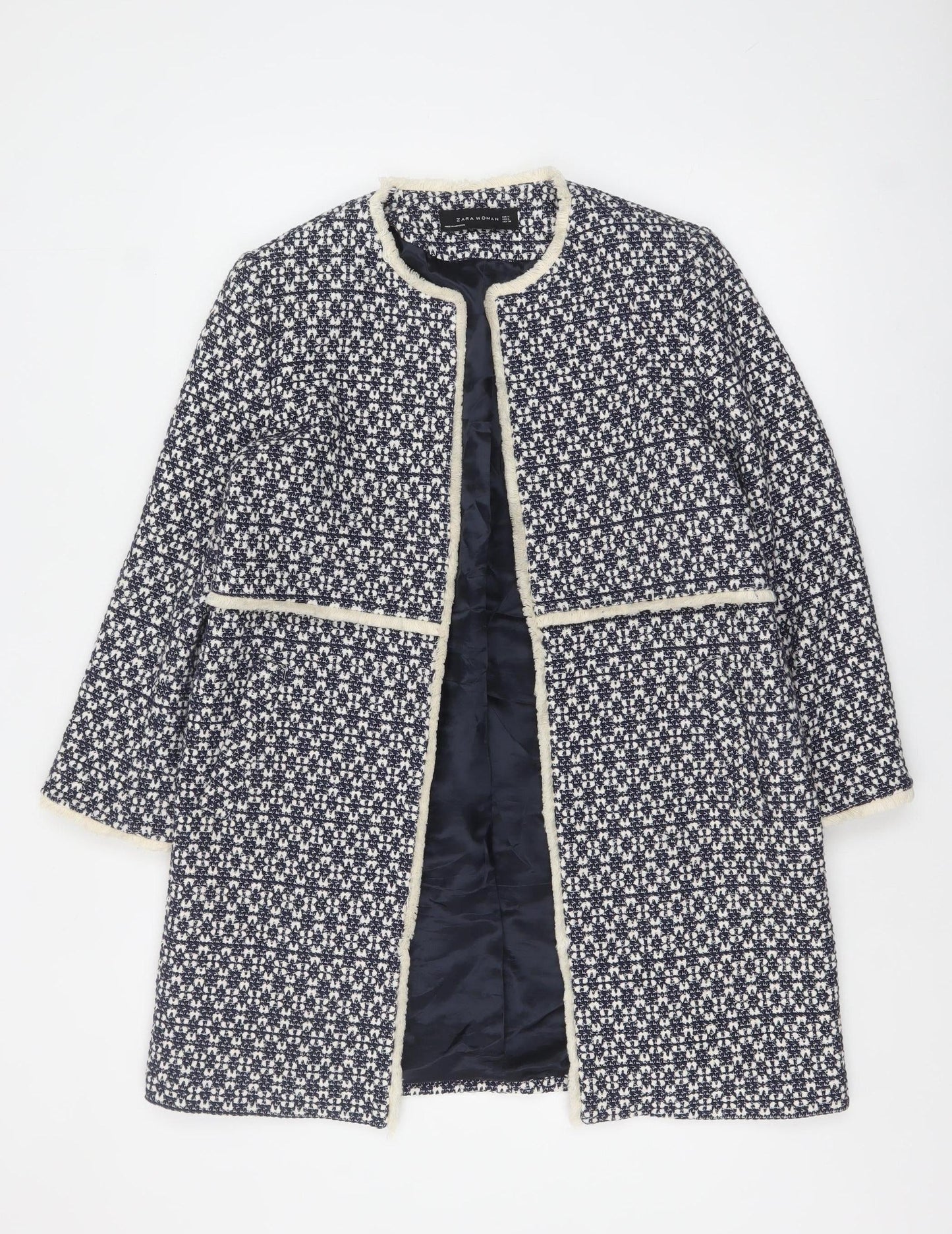 Zara Woman Blue Tweed Mid-Length Coat Size 14 Lined Fringe Detail