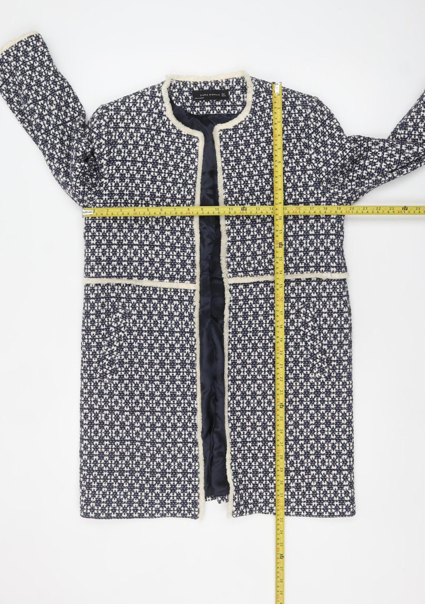 Zara Woman Blue Tweed Mid-Length Coat Size 14 Lined Fringe Detail