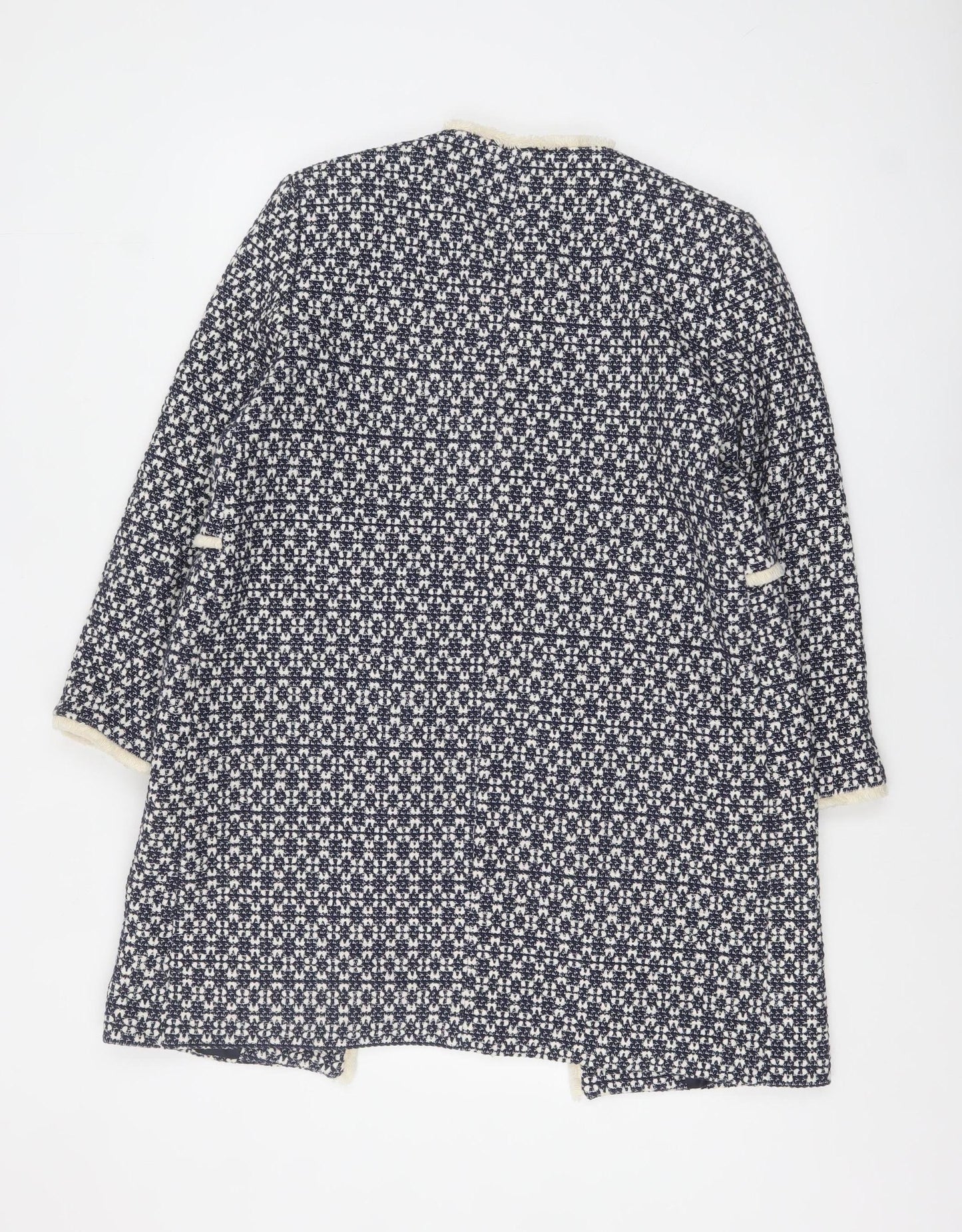 Zara Woman Blue Tweed Mid-Length Coat Size 14 Lined Fringe Detail