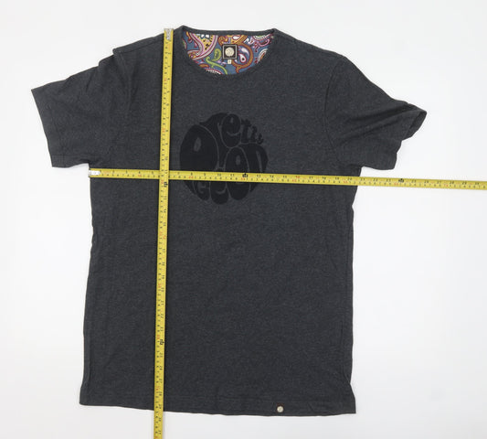 Pretty Green Men's Charcoal Cotton Crew Neck T-Shirt L Retro Paisley Trim
