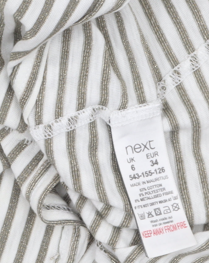 Next Women Beige Striped Cotton Blend Short Sleeve T-Shirt UK 6