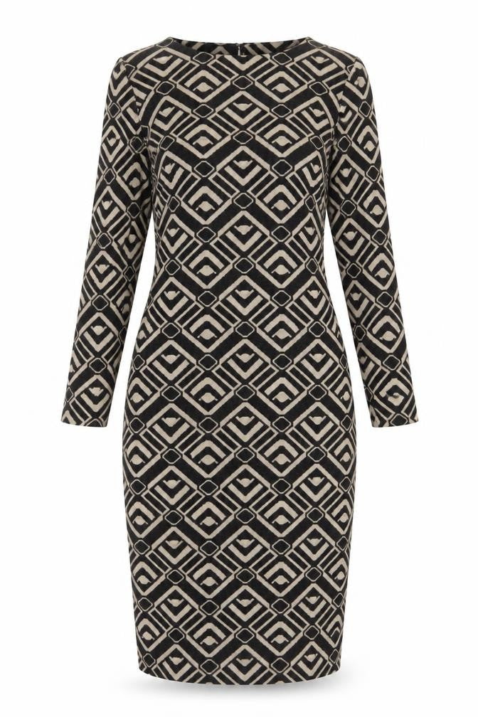 Roman Petite Black Geometric Bodycon Dress Size 8 Women's Midi