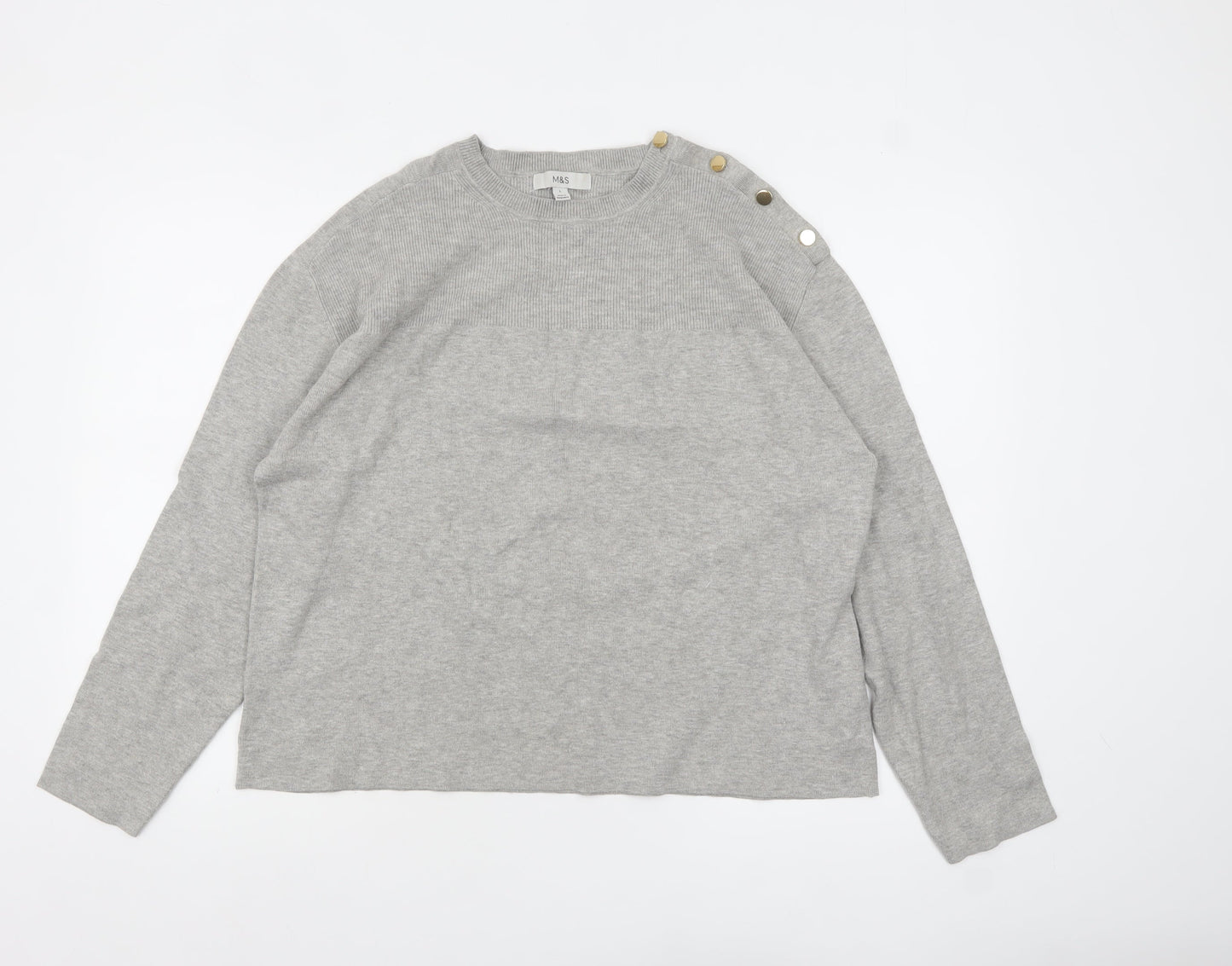 Marks and Spencer Women Grey L Crew Neck Button Shoulder Pullover Jumper