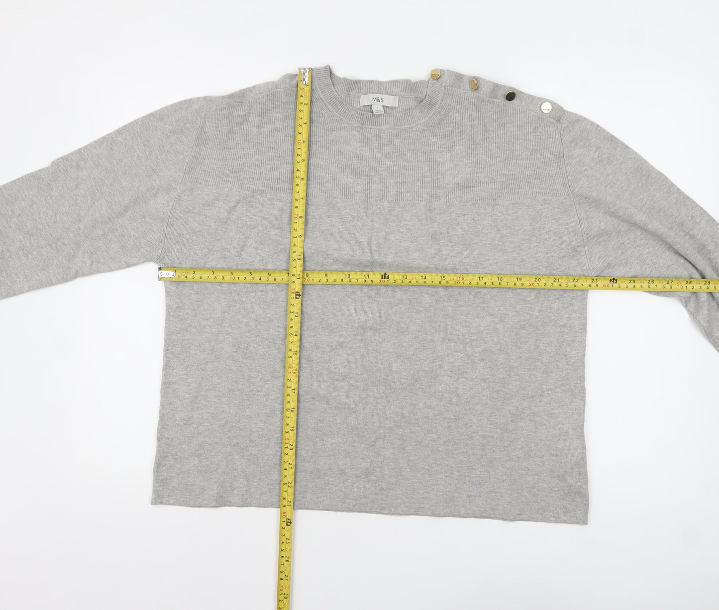 Marks and Spencer Women Grey L Crew Neck Button Shoulder Pullover Jumper