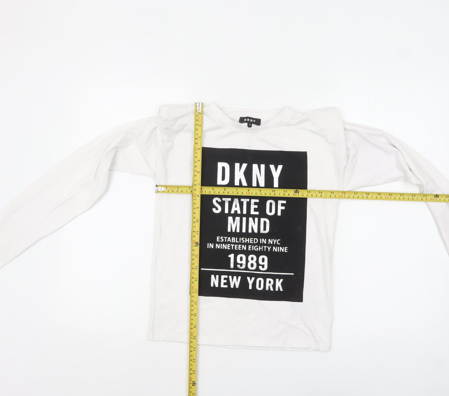 DKNY Women's White Long Sleeve Crew Neck Logo T-Shirt Size 14