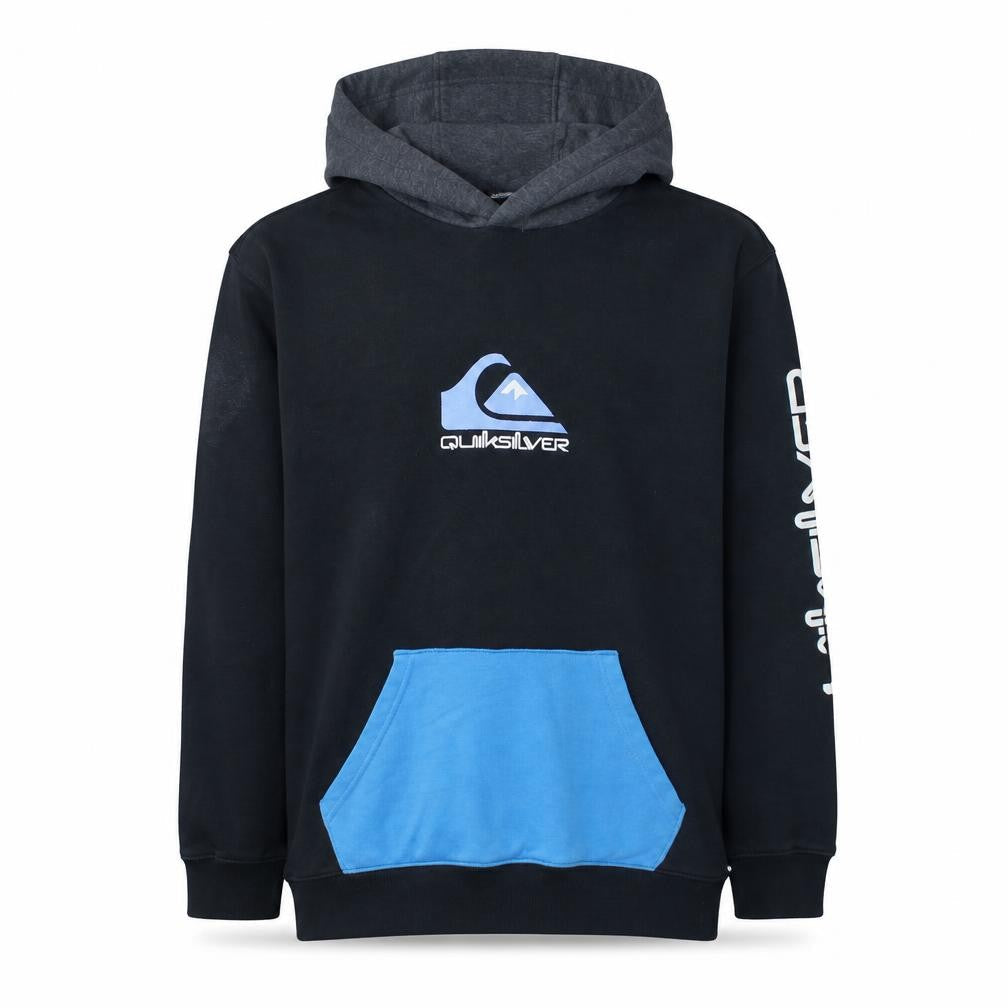Front view of Quiksilver boys’ black pullover hoodie 16 years graphic print fleece sweatshirt