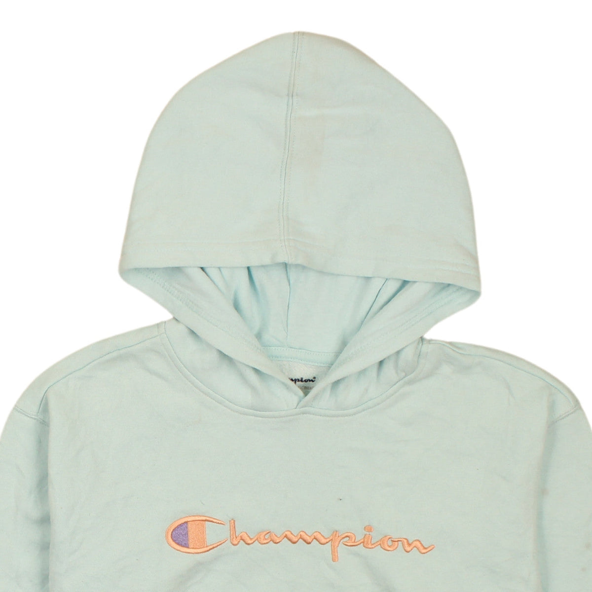 Brand and care label for Champion boys’ blue xl pullover hoodie with logo embroidery