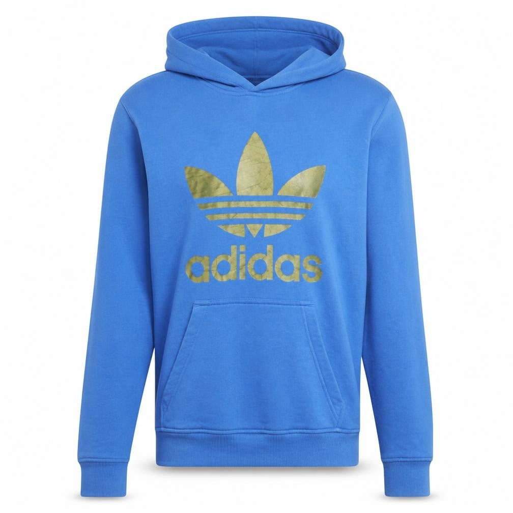 Front view of Adidas Men Blue Pullover Hoodie S Fleece Logo Sweatshirt