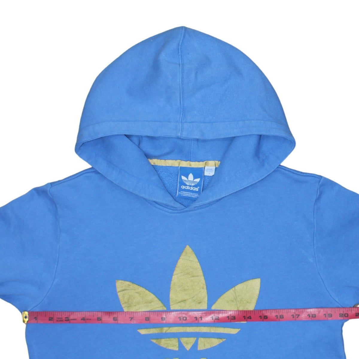 Back view of Adidas Men Blue Pullover Hoodie S Fleece Logo Sweatshirt