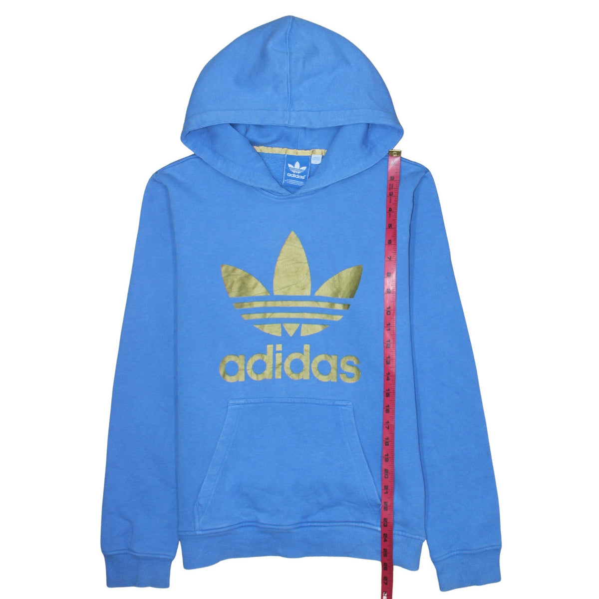 Close-up detail of Adidas Men Blue Pullover Hoodie S Fleece Logo Sweatshirt