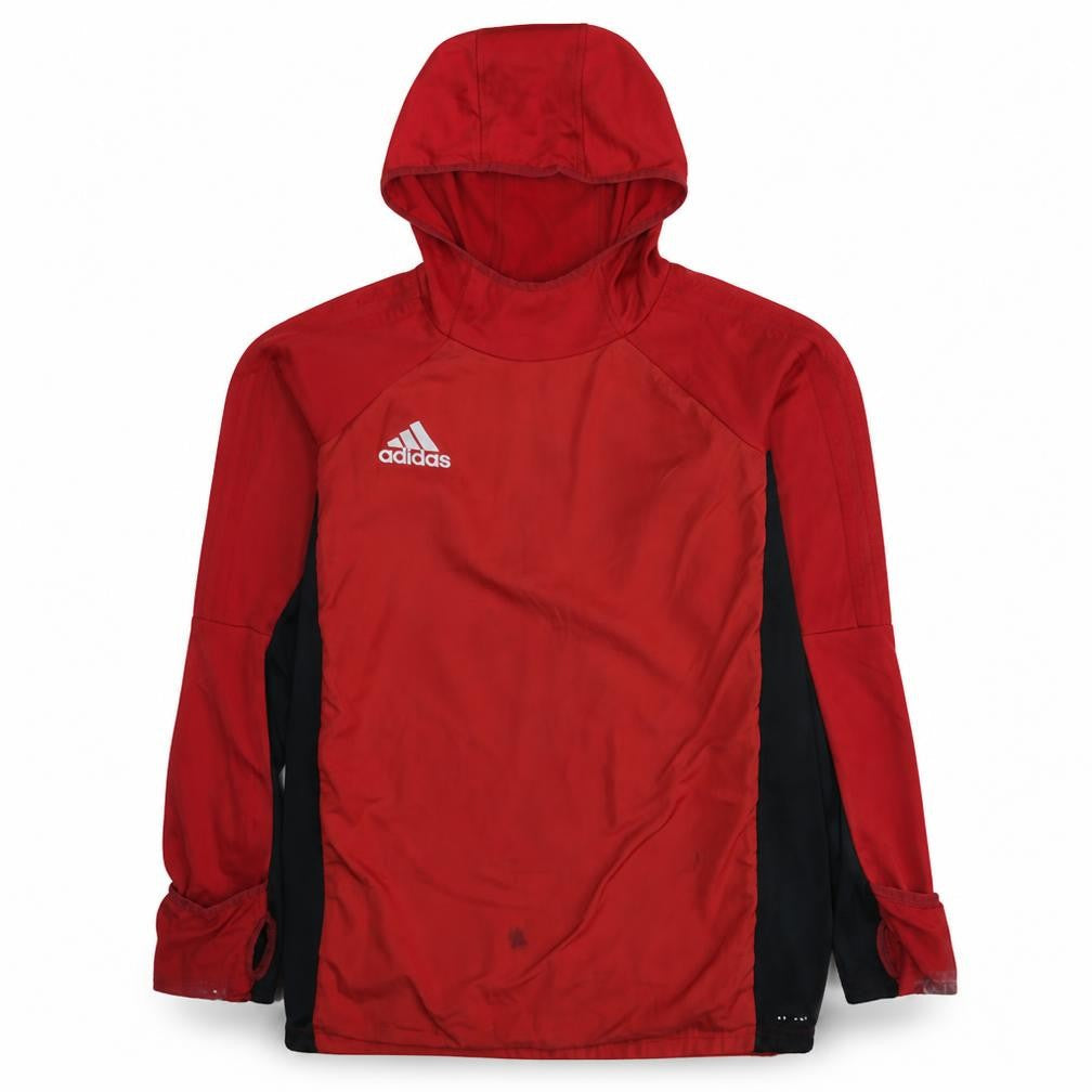 Front view of Adidas boys’ red pullover hoodie, size 15-16, years lightweight sports top