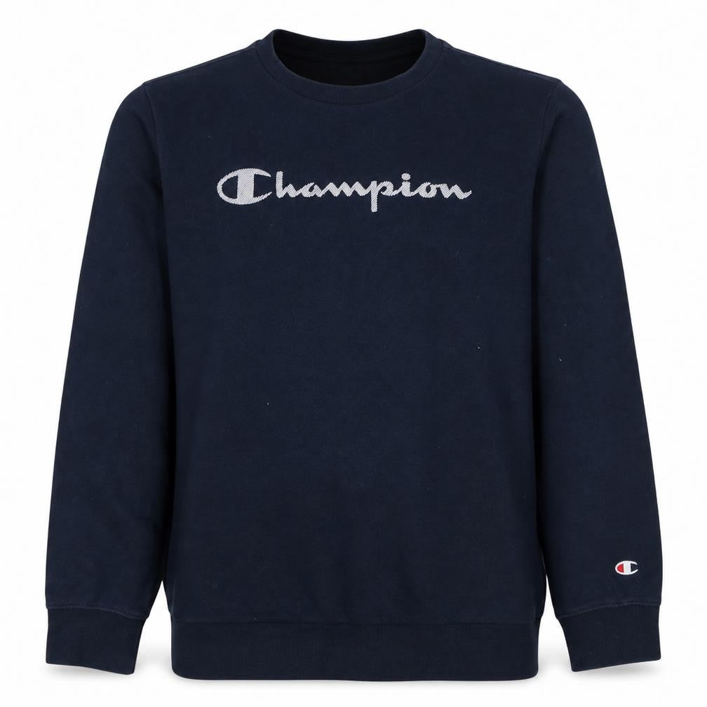 Front view of Champion boys’ blue crew neck logo pullover sweatshirt 13-14 years