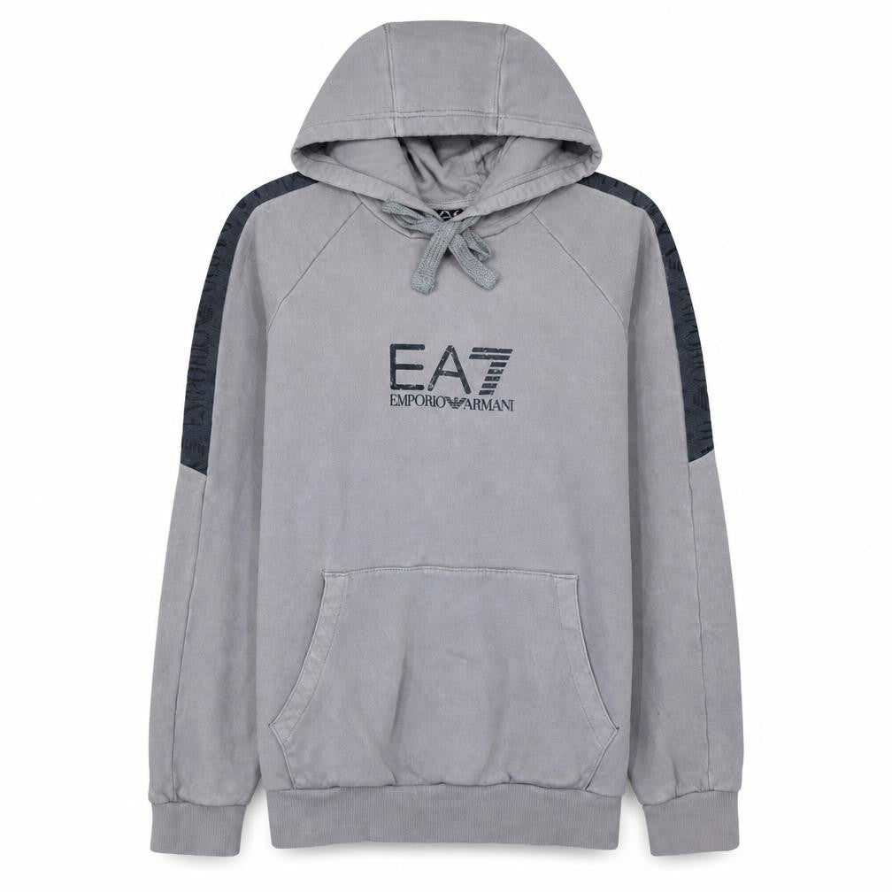 Front view of Emporio Armani EA7 Men's Grey Pullover Hoodie, size L, Designer Fleece