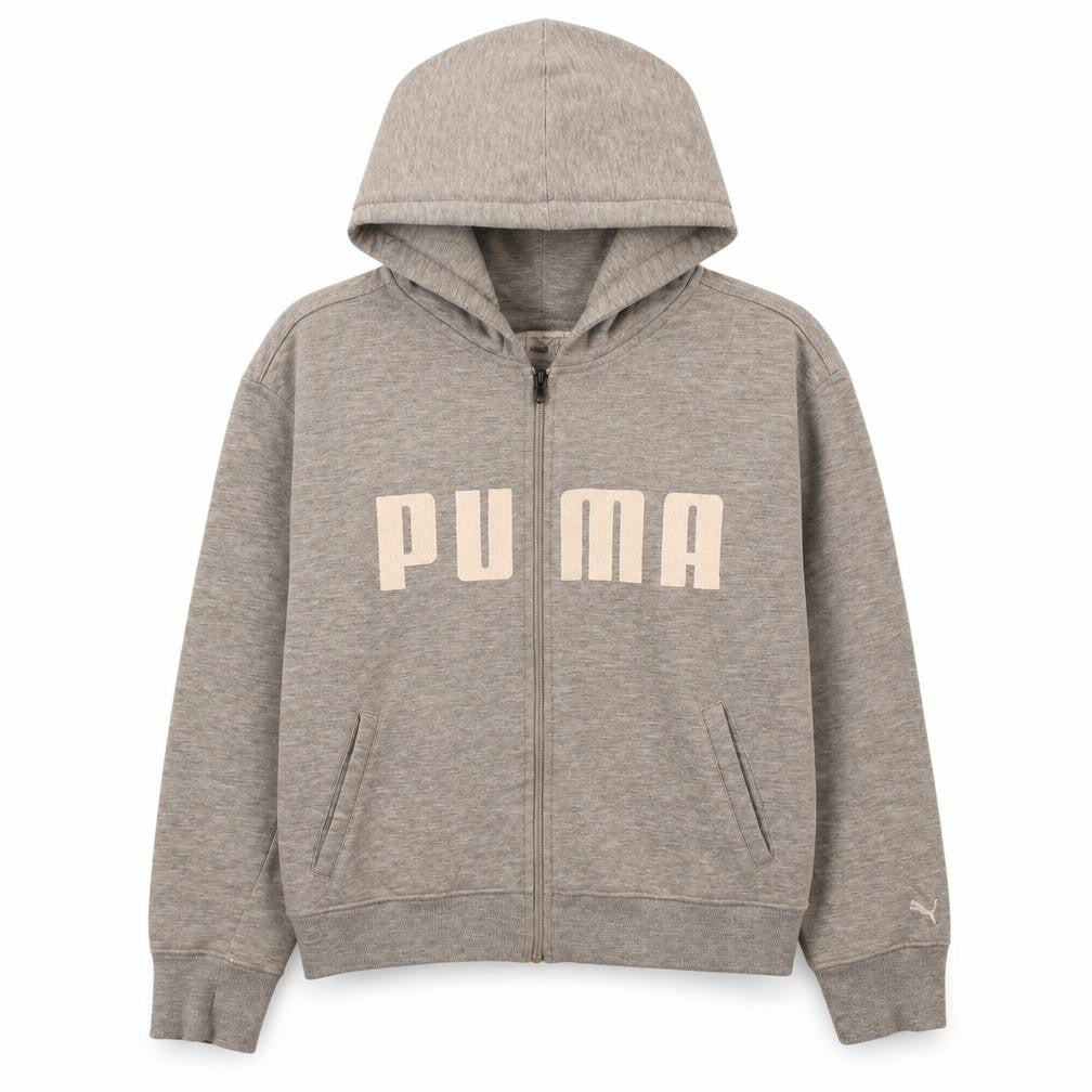 Front view of Puma Women Grey Full Zip Hoodie Sweatshirt, size M