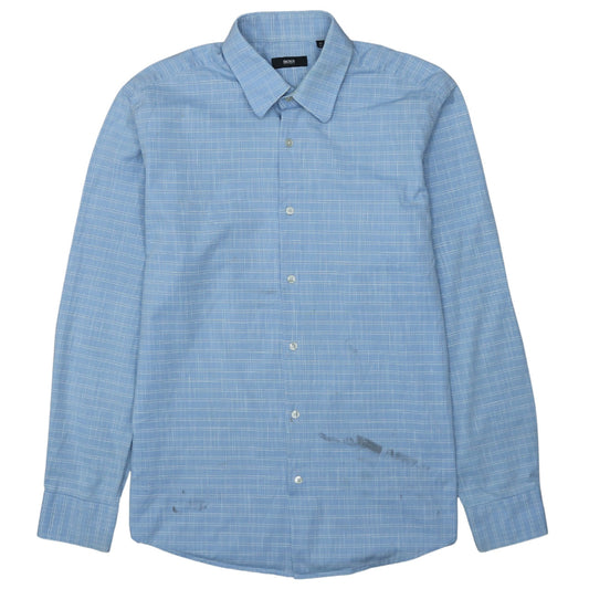 Hugo Boss Men's Blue Checked Long Sleeve Cotton Shirt Size 16 Regular Fit