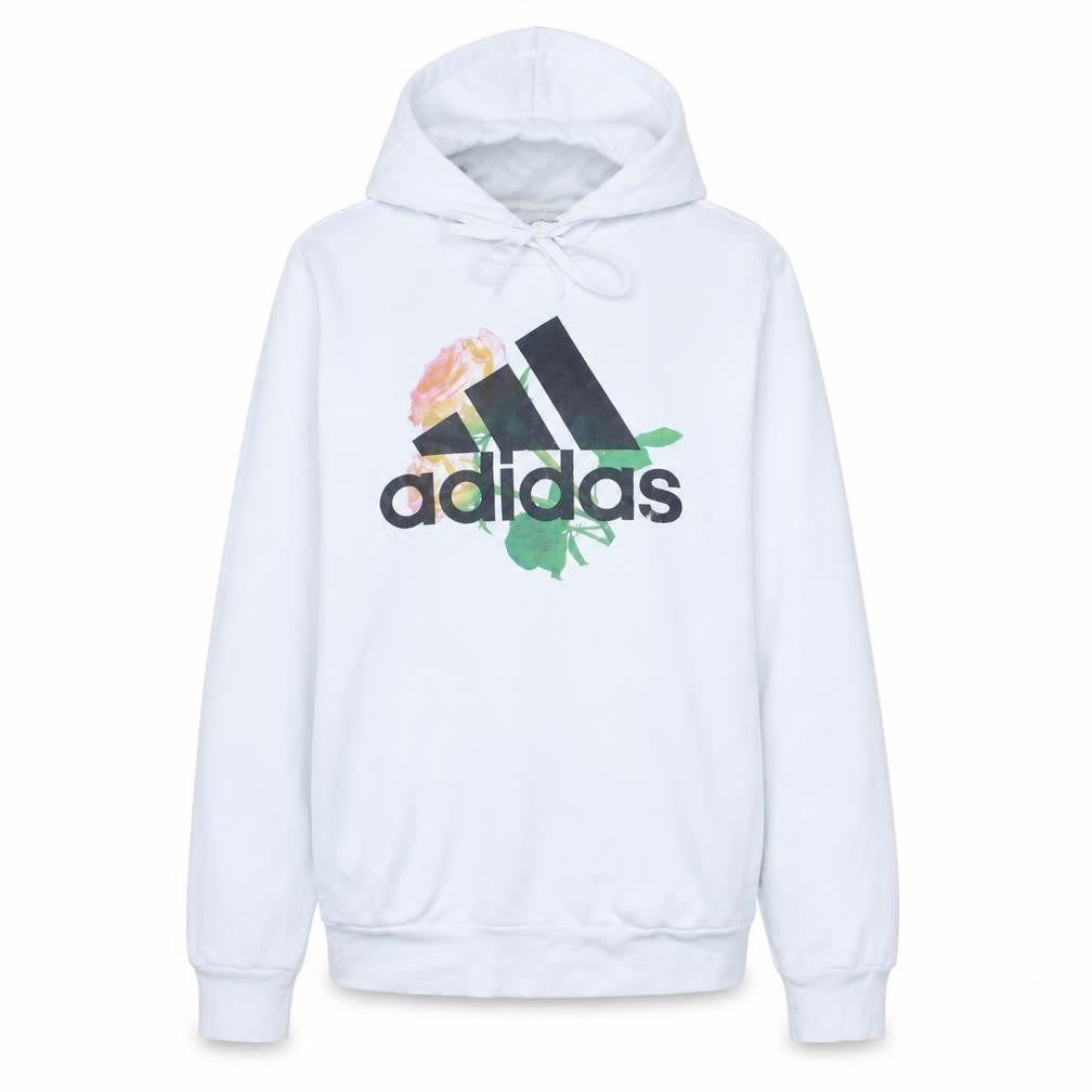 Front view of Adidas women’s white hooded pullover sweatshirt small floral logo