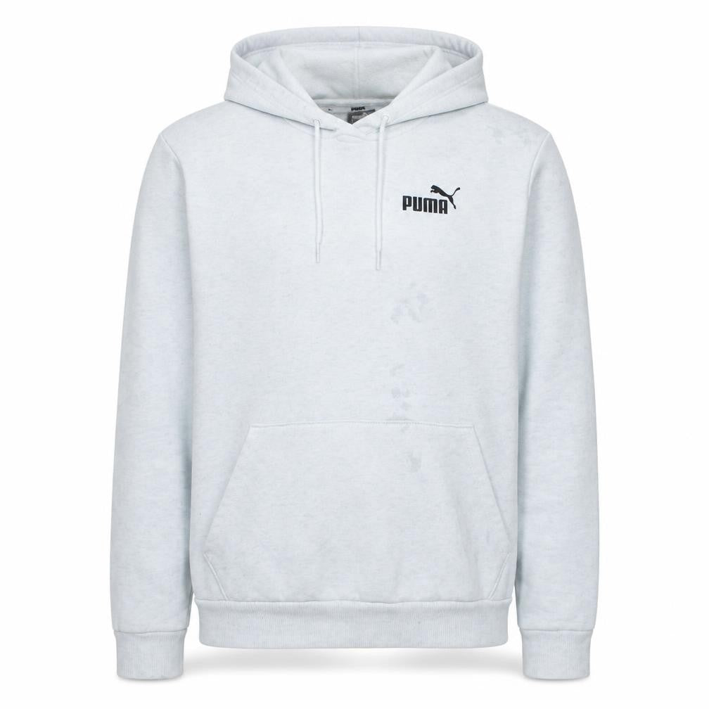 Front view of Puma men’s grey pullover hoodie sportswear, size L, regular fit