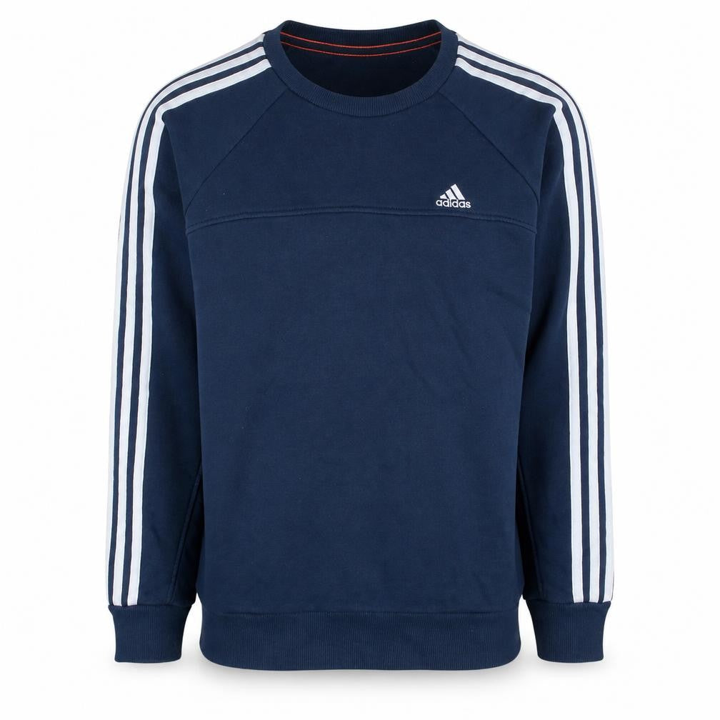 Front view of Adidas men’s blue essentials performance crew neck sweatshirt small